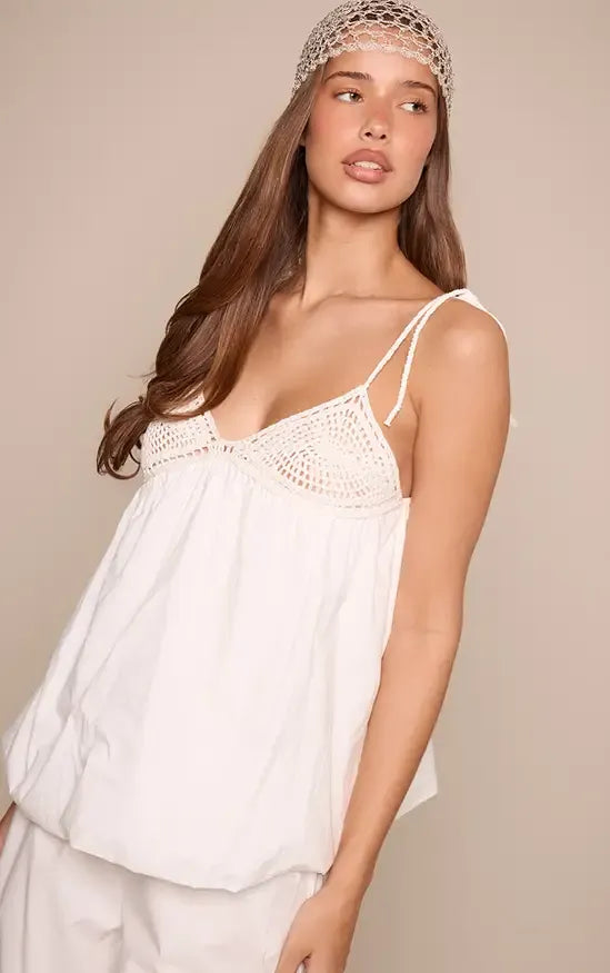 White Crochet Bust Cotton Poplin Cami Top Co-ord