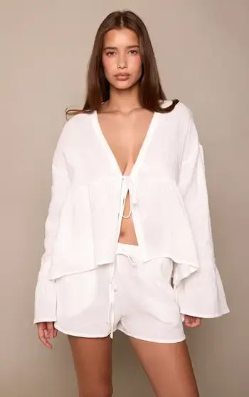 White Cheesecloth Tie Front Blouse Co-ord