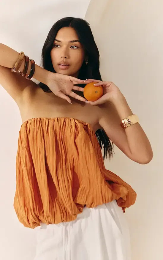 Apricot Matte Satin Plisse Puffball Bandeau