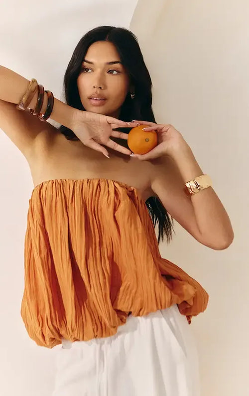 Apricot Matte Satin Plisse Puffball Bandeau