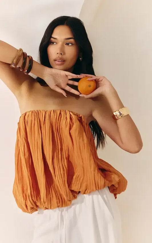 Apricot Matte Satin Plisse Puffball Bandeau