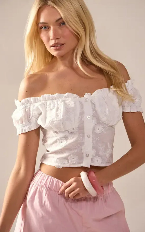 Cream Embroidered Cotton Bardot Top